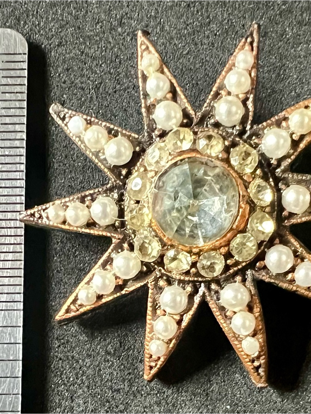 Vintage Starburst Brooch with Pearls and Faceted Center